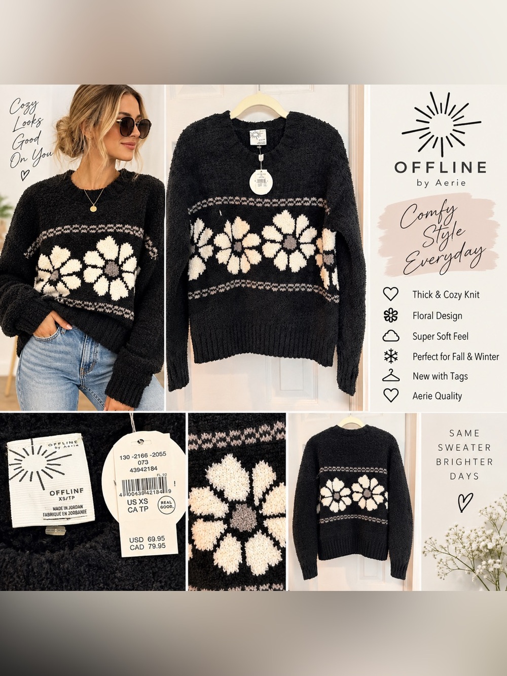 NWT OFFLINE by Aerie Fuzzy Floral Sweater XS Thick Plush Cozy Black